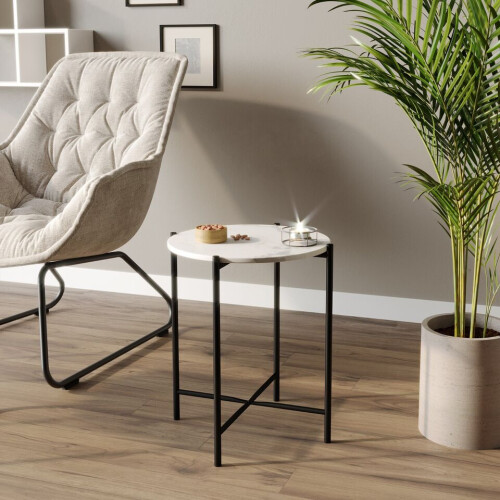 URBN Living (White Round) 2 Pcs Square Round Marble Effect Tops Side End Coffee Table Metal Frame 2