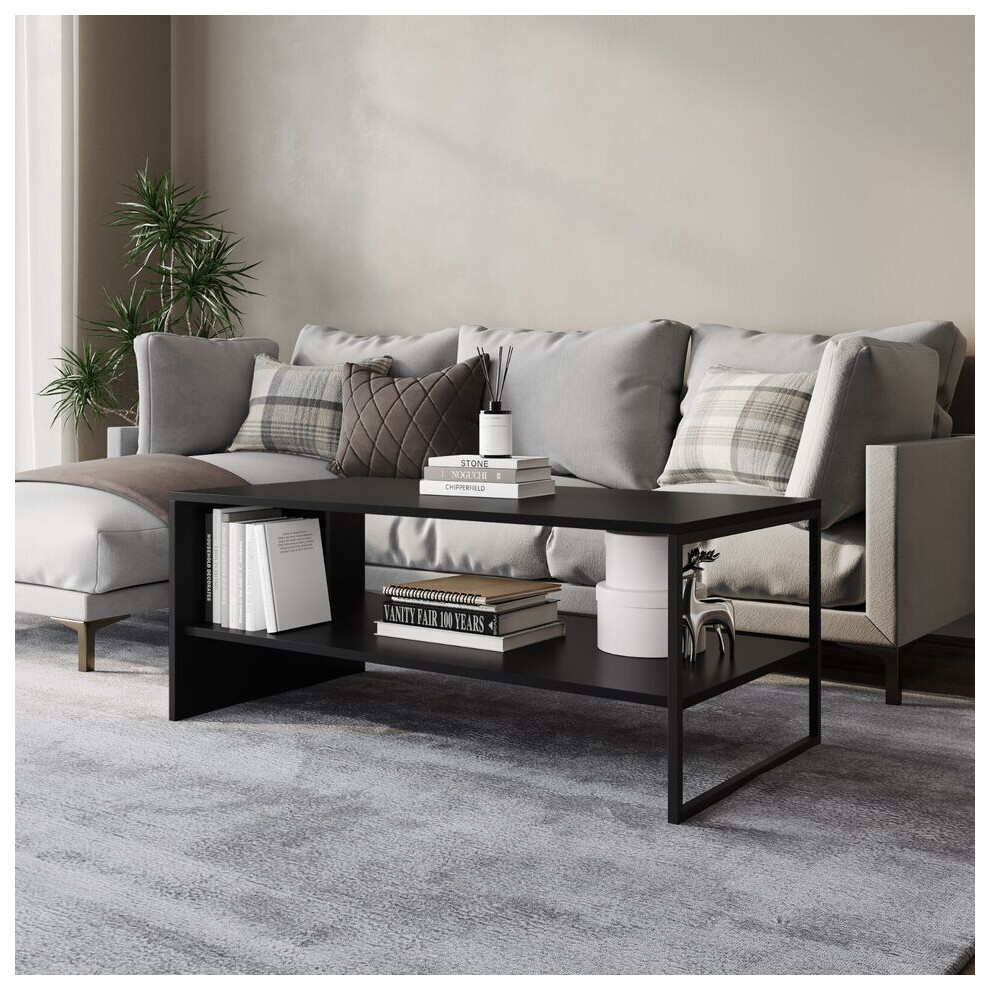 (Black) 100cm Wooden Coffee Table Steel Frame Open Storage Shelf Living Room Furniture-image-OPC-PDNK66Y-NEW