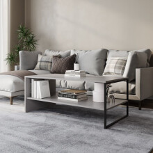 (Grey) 100cm Wooden Coffee Table Steel Frame Open Storage Shelf Living Room Furniture