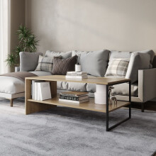 (Oak) 100cm Wooden Coffee Table Steel Frame Open Storage Shelf Living Room Furniture
