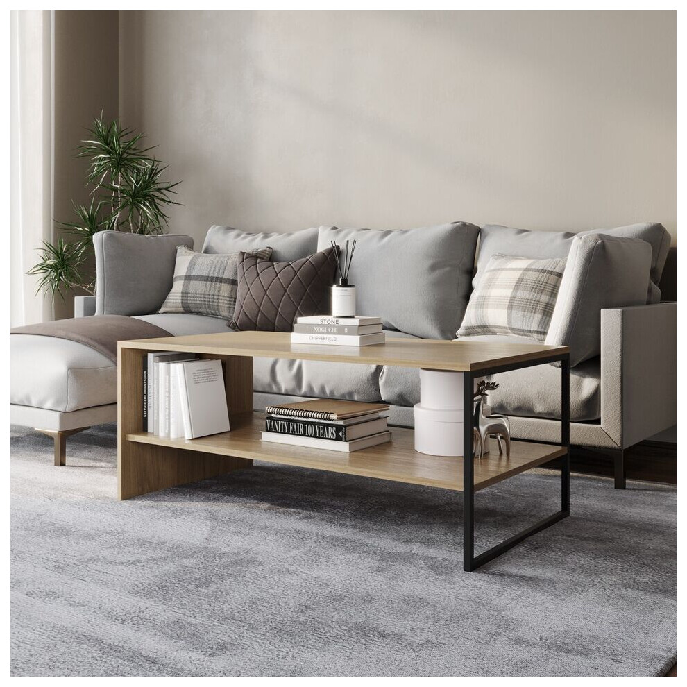 Urbn Living (Oak) 100Cm Wooden Coffee Table Steel Frame Open Storage Shelf Living Room Furniture Brown