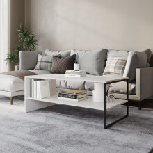(White) 100cm Wooden Coffee Table Steel Frame Open Storage Shelf Living Room Furniture