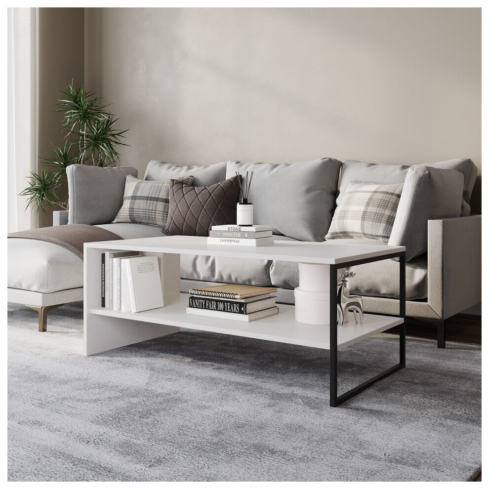 (White) 100cm Wooden Coffee Table Steel Frame Open Storage Shelf Living Room Furniture-image-OPC-PDNK675-NEW