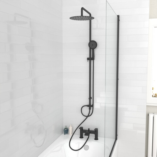 Nes Home Round Shower & Bath Tap, Handset & Riser Rail Kit Matte Black