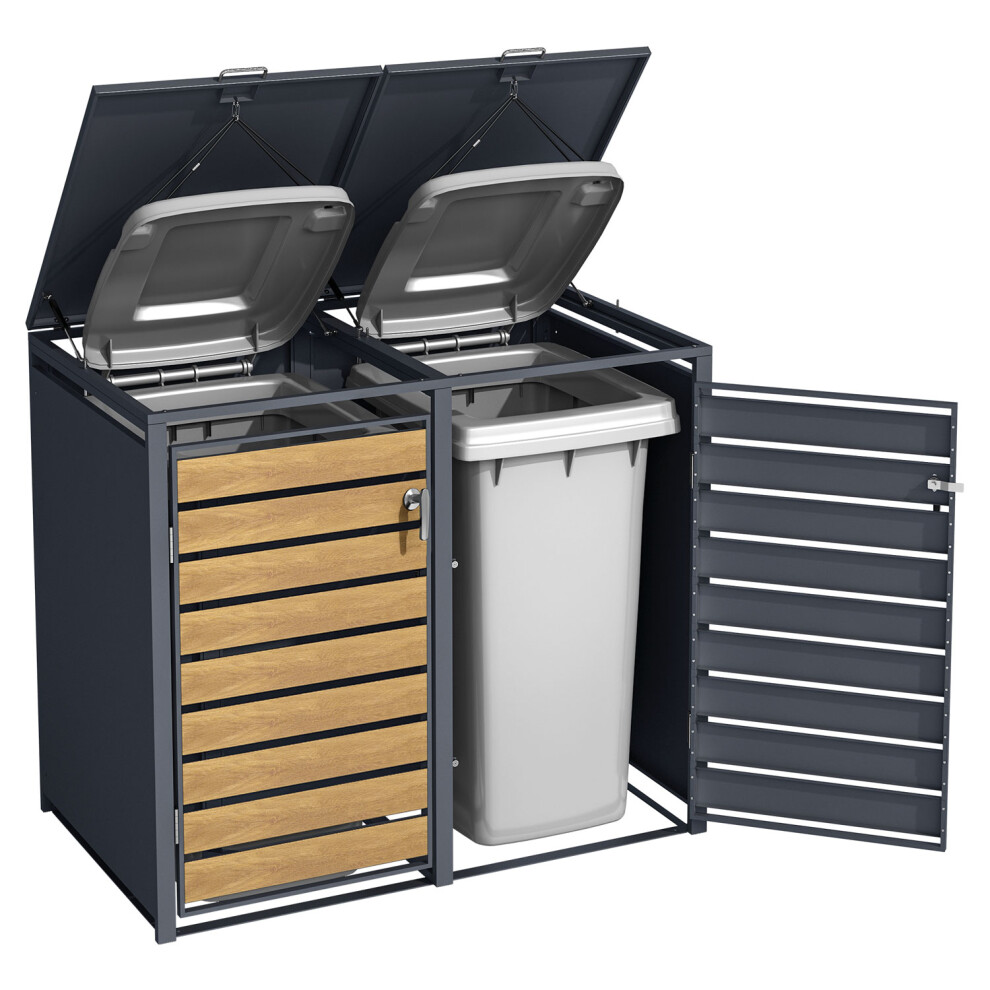 Double Wheelie Bin Steel Storage in Anthracite and Oak Wood Effect