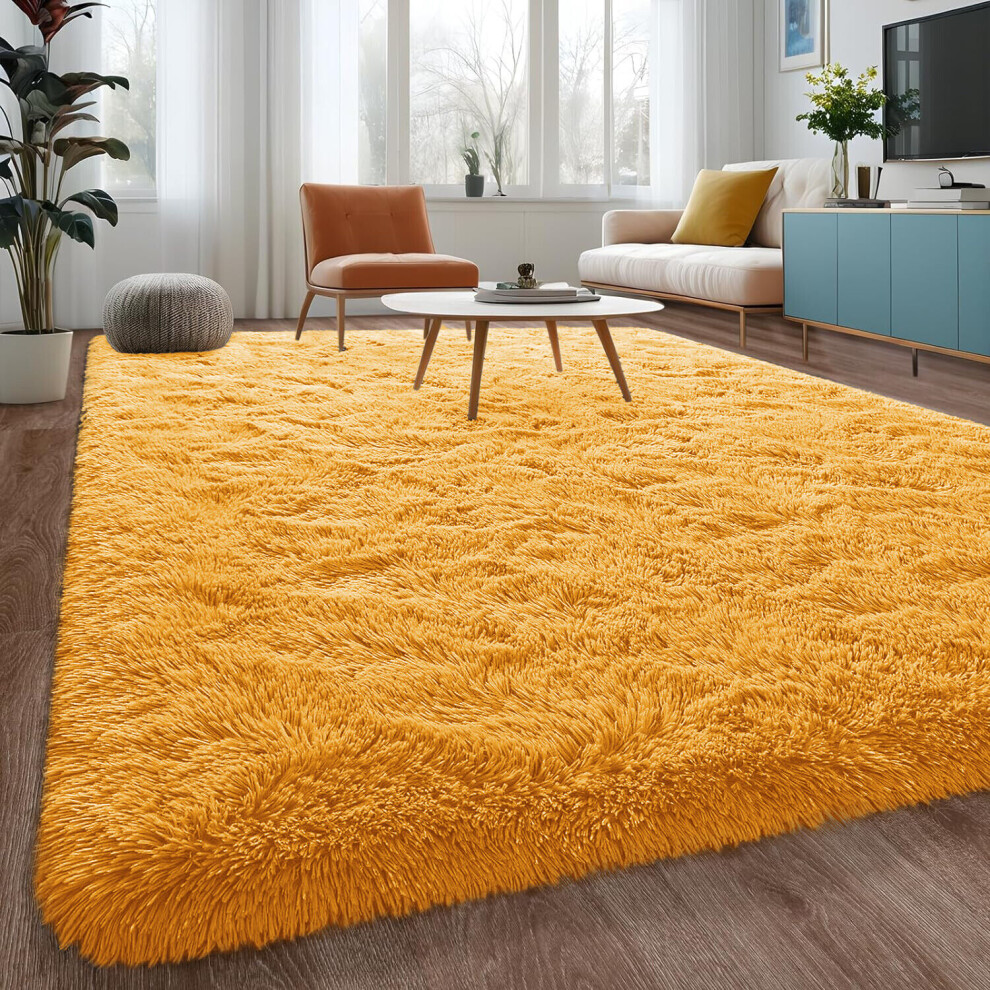 (MUSTARD, 200 X 290) Non-Slip Rugs Shaggy Rug Soft Pile Carpet Mat