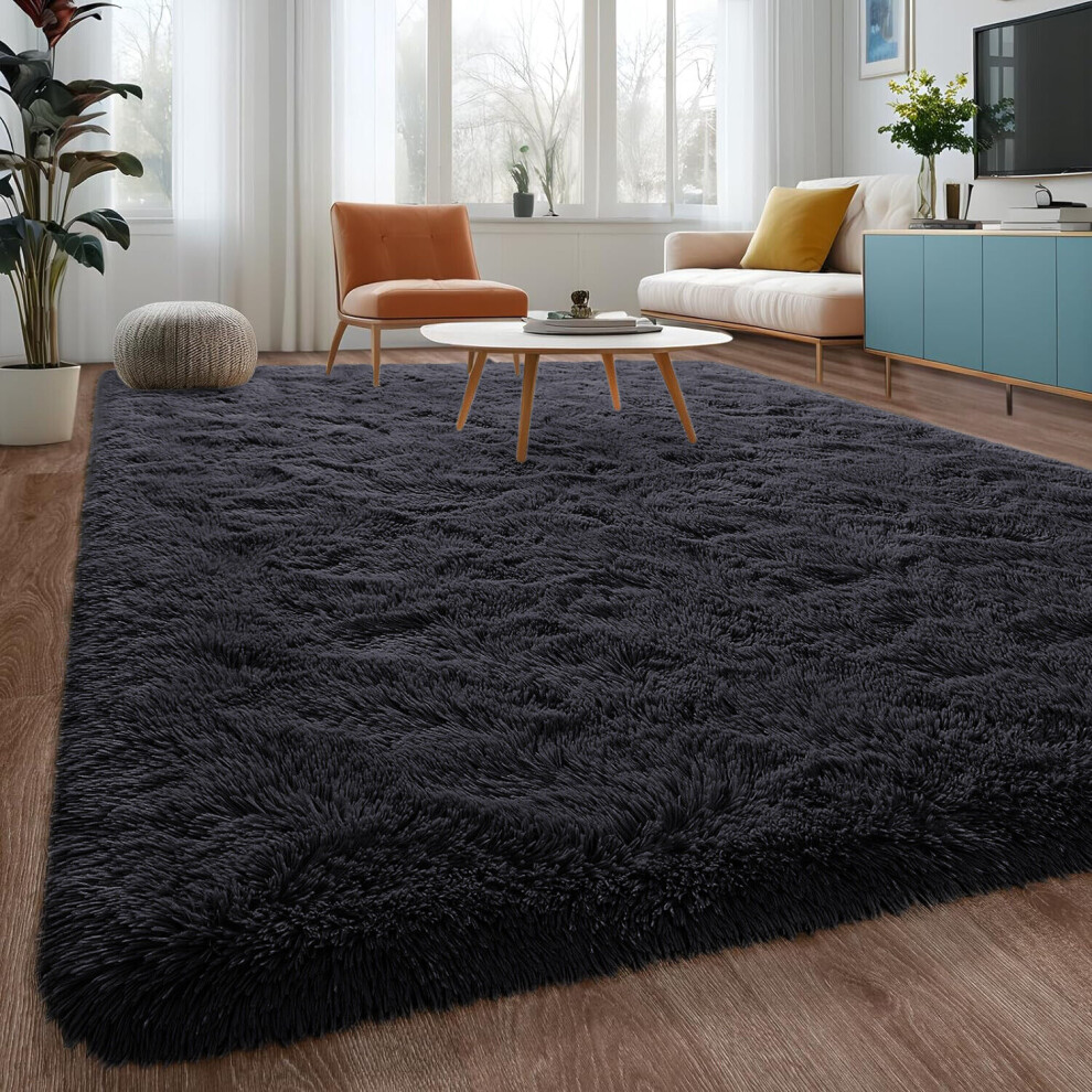 (BLACK, 200 X 290) Non-Slip Rugs Shaggy Rug Soft Pile Carpet Mat