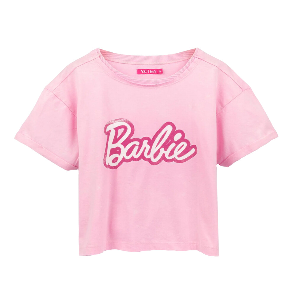 (L, Pink) Barbie Womens/Ladies Distressed Logo Crop Top