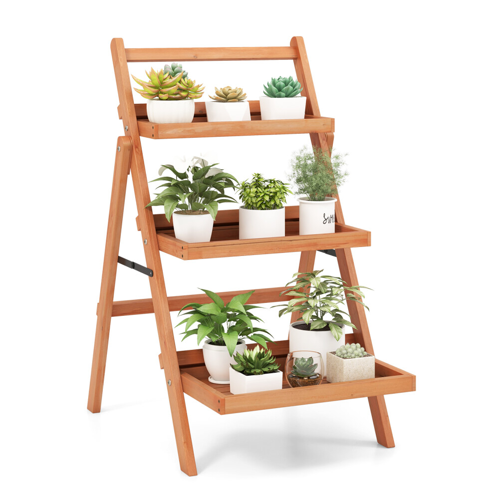 Costway Folding 3-Tier Plant Shelf Ladder Wooden Flower Pots Holder Display Rack