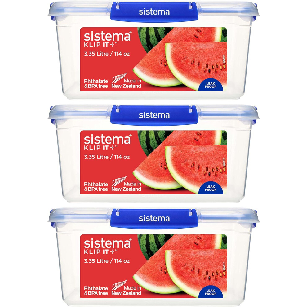 Sistema KLIP IT PLUS Food Storage Containers 3.35L Leak Proof Stackable & Freezer Containers w/ Lids BPA-Free Plastic Recyclable w/ Blue Clips 3Count