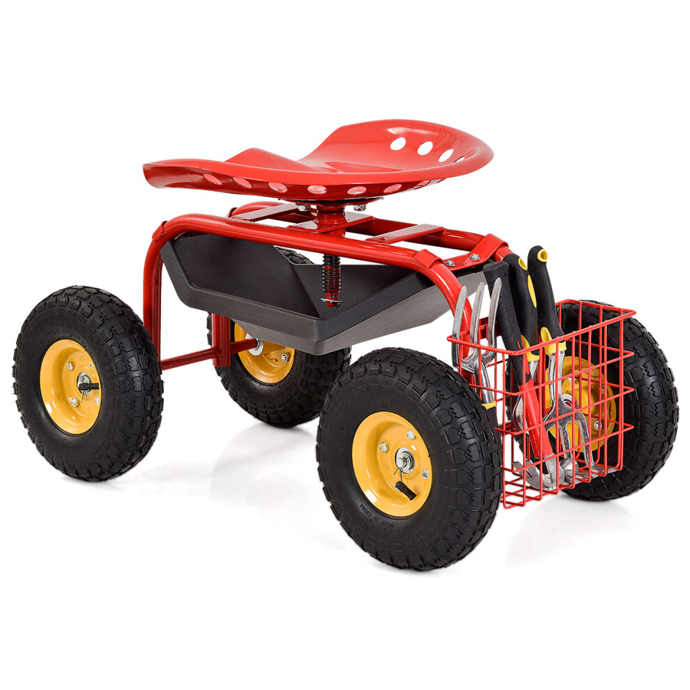 Rolling Garden Cart Adjustable W/ Swivel Seat & Gardening Tool Tray Red