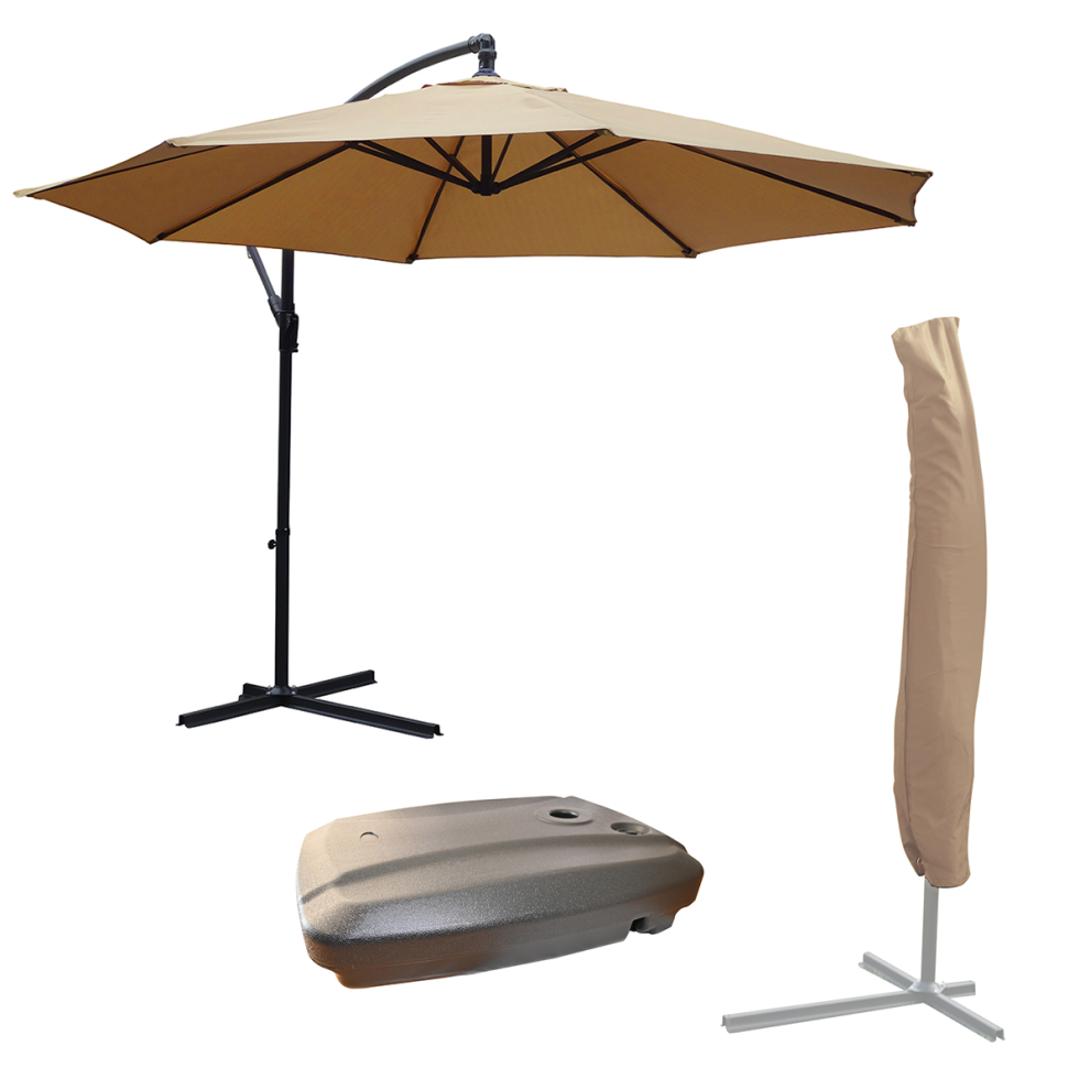 (Mocha Parasol with Cover) KCT 3m Garden Patio Cantilever Parasol With Base and Cover