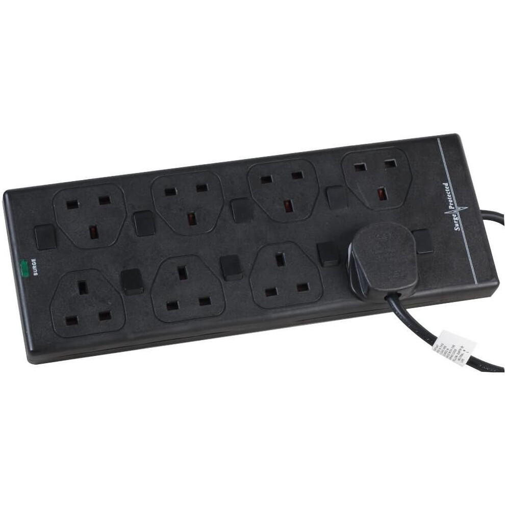 8 Gang Way 10M Metre 13A Mains Surge Protected Individually Switched Power Extension Socket Lead Cable Black 5055329055205