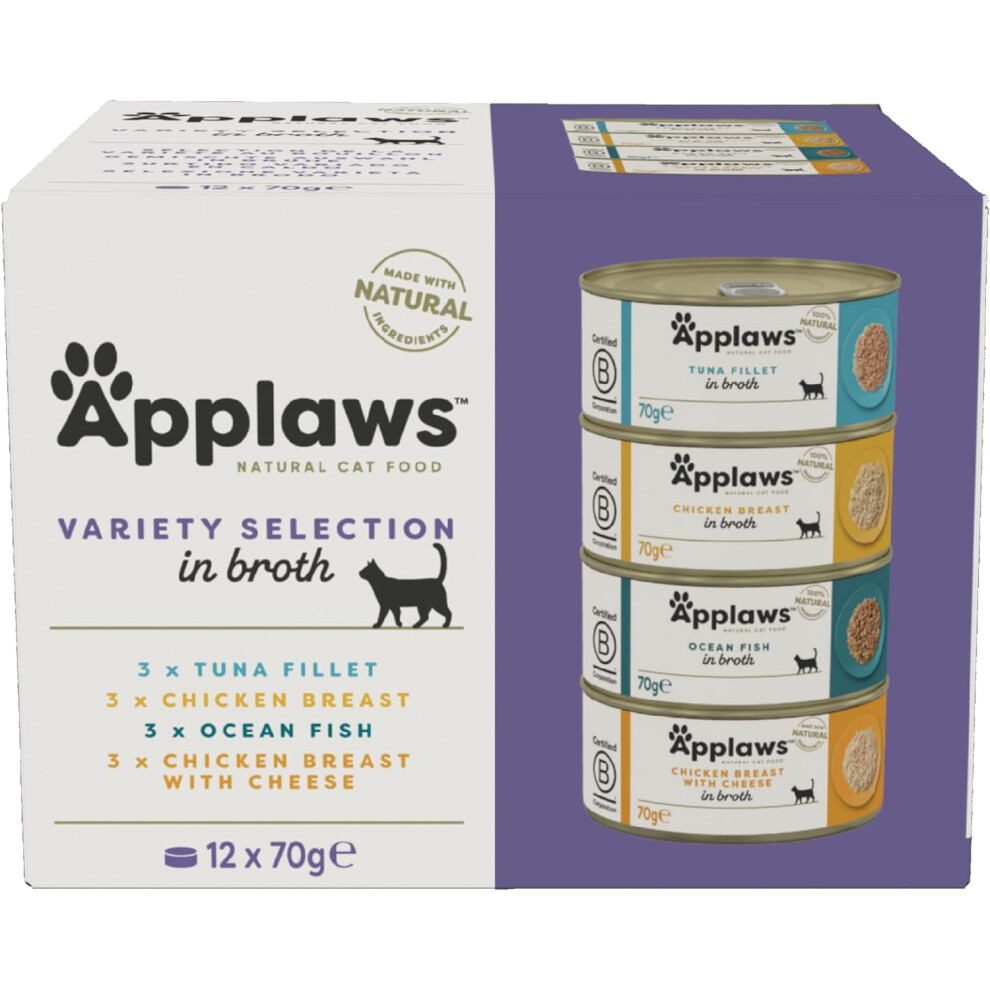 Applaws Natural Wet Cat Food, Multipack Chicken and Fish Selection in Broth 70 g Tin (Pack of 12)