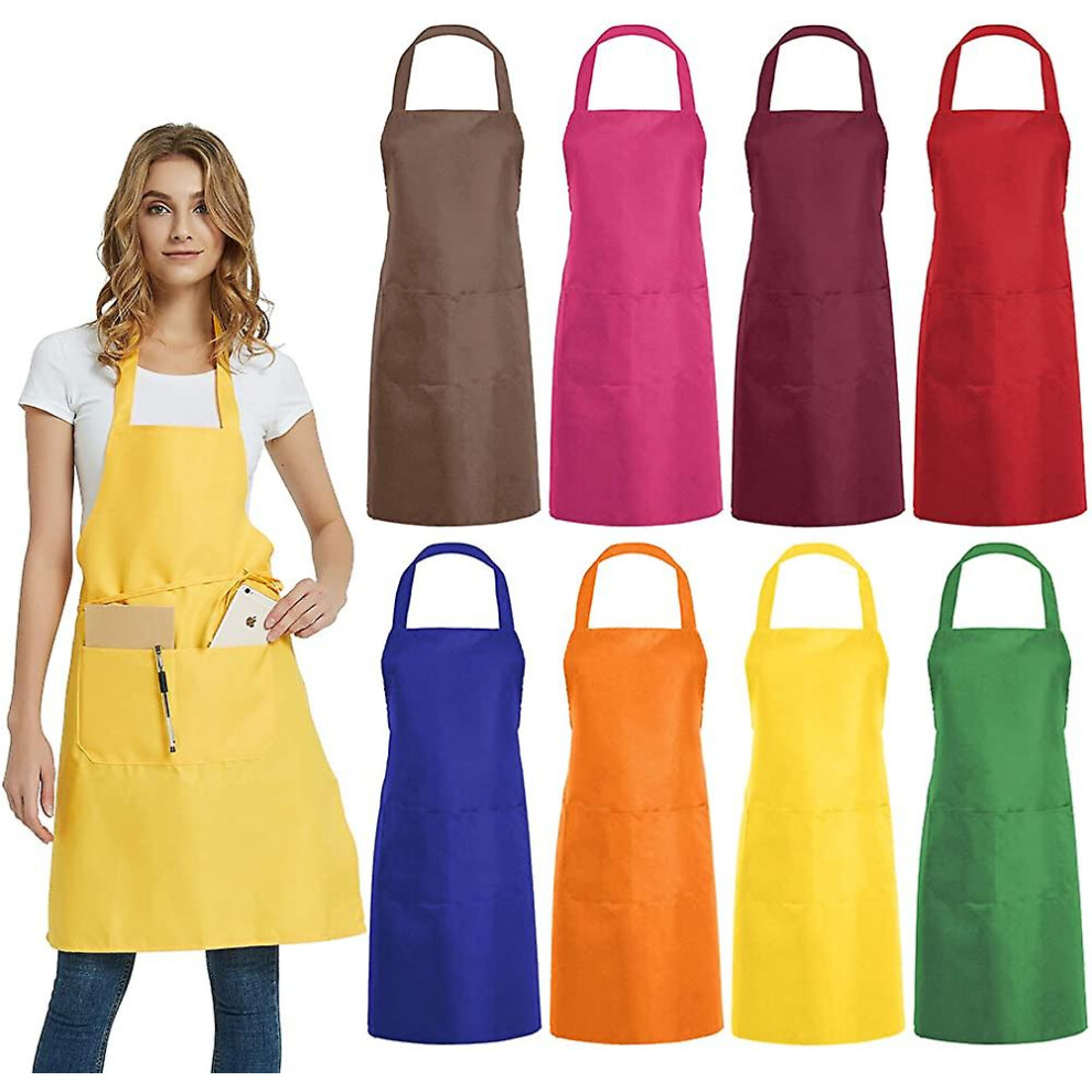 8 Pcs Plain Bib Aprons Bulk - Mixed Color Commercial Apron With 2 Pockets