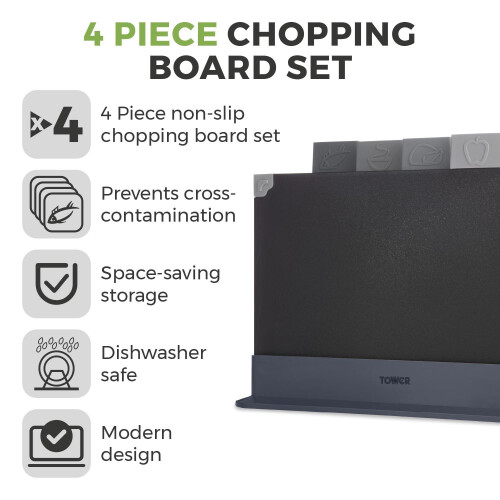 Tower Tower T847041 4pce Chopping Board Set with Stand, Black 1