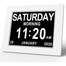 (White) 8 Inch Calendar Memory Loss Day Clock with Digital Photo Frame, Extra Large Non-Abbreviated Day & Month
