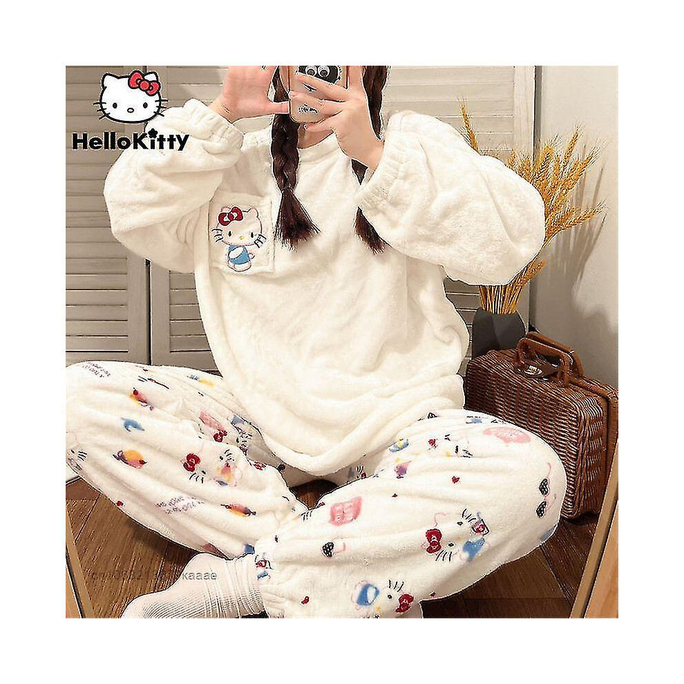 (1, M 40-45kg) 2023 Sanrio Hello Kitty Soft Coral Fleece Home Clothes 2 Piece Set Women Pullover Tops Pants Y2k Pajamas Suit Female Plush Sleepwear
