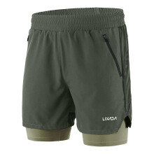 (Army green, S) Lixada Men 2 In 1 Running Shorts Quick Drying Breathable Active Training Exercise Jogging Marathon Cycling Shorts