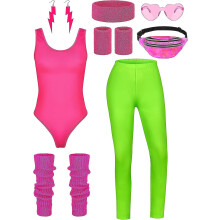 (Fluorescent Green, Large) 8 Pieces Women 80s Workout Costume Halloween 90s Outfit Accessories Set Leotard Bum Bag Glasses Headband Leg Warmers
