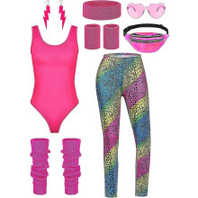 (Iridescence, Large) 8 Pieces Women 80s Workout Costume Halloween 90s Outfit Accessories Set Leotard Bum Bag Glasses Headband Leg Warmers