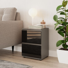 (Grey & Black) High Gloss 2 Drawer Skagen Wooden Bedside Cabinet No Handle Drawer Storage