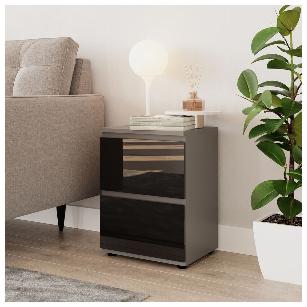 (Grey & Black) High Gloss 2 Drawer Skagen Wooden Bedside Cabinet No Handle Drawer Storage