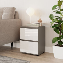 (Grey & White) High Gloss 2 Drawer Skagen Wooden Bedside Cabinet No Handle Drawer Storage