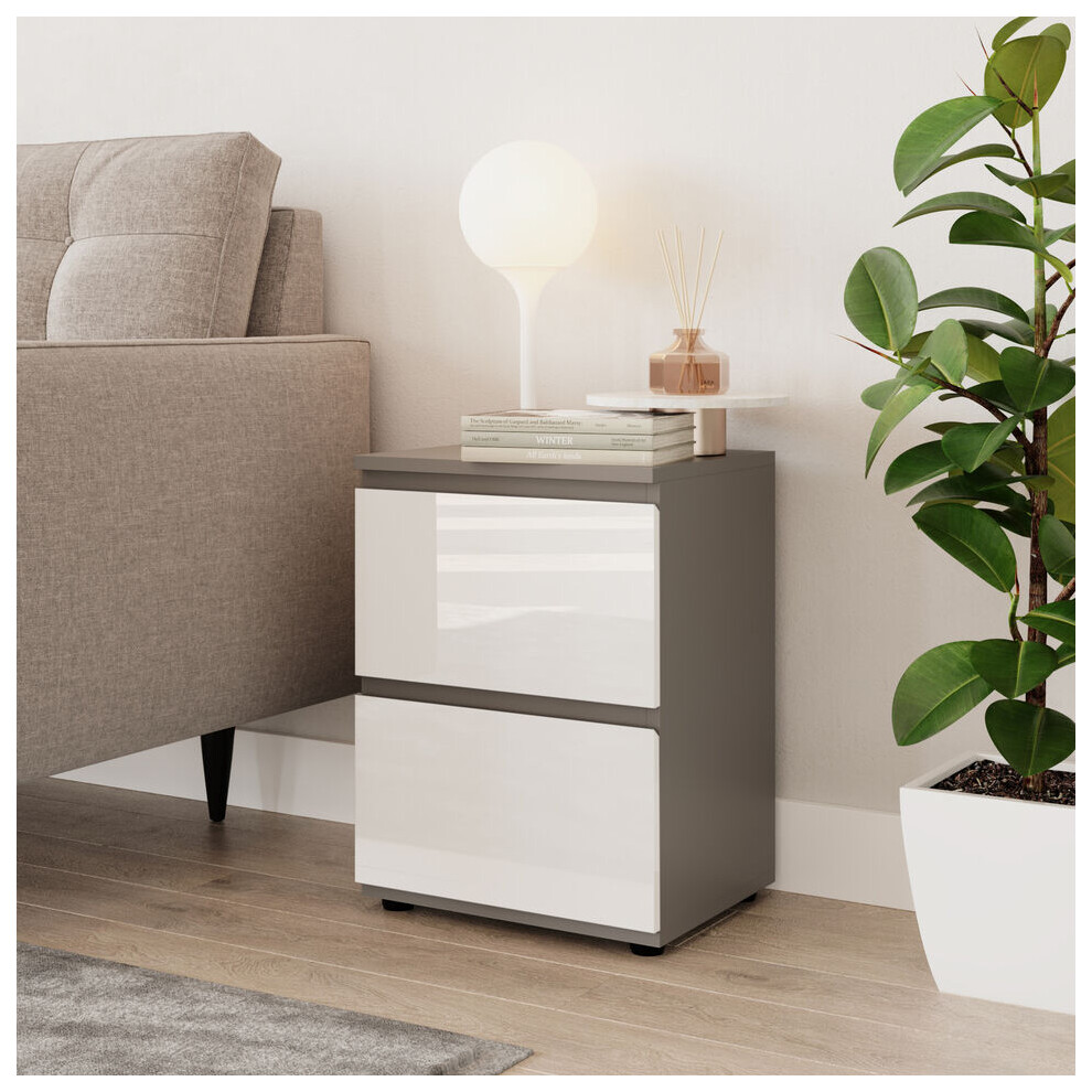 (Grey & White) High Gloss 2 Drawer Skagen Wooden Bedside Cabinet No Handle Drawer Storage