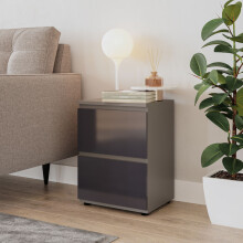 (Grey & Grey) High Gloss 2 Drawer Skagen Wooden Bedside Cabinet No Handle Drawer Storage