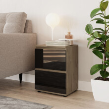 (Oak & Black) High Gloss 2 Drawer Skagen Wooden Bedside Cabinet No Handle Drawer Storage