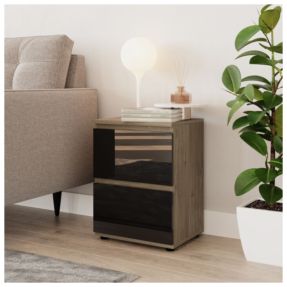 (Oak & Black) High Gloss 2 Drawer Skagen Wooden Bedside Cabinet No Handle Drawer Storage