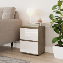 (Oak & White) High Gloss 2 Drawer Skagen Wooden Bedside Cabinet No Handle Drawer Storage