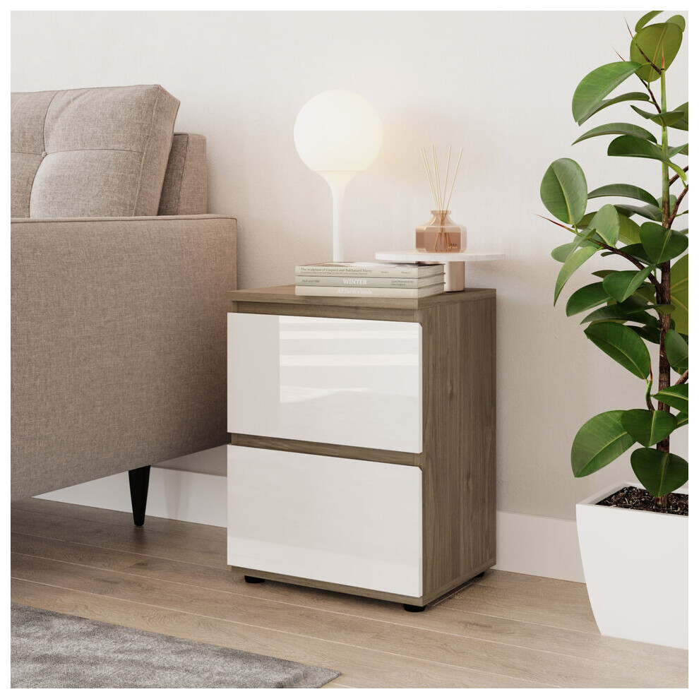 (Oak & White) High Gloss 2 Drawer Skagen Wooden Bedside Cabinet No Handle Drawer Storage