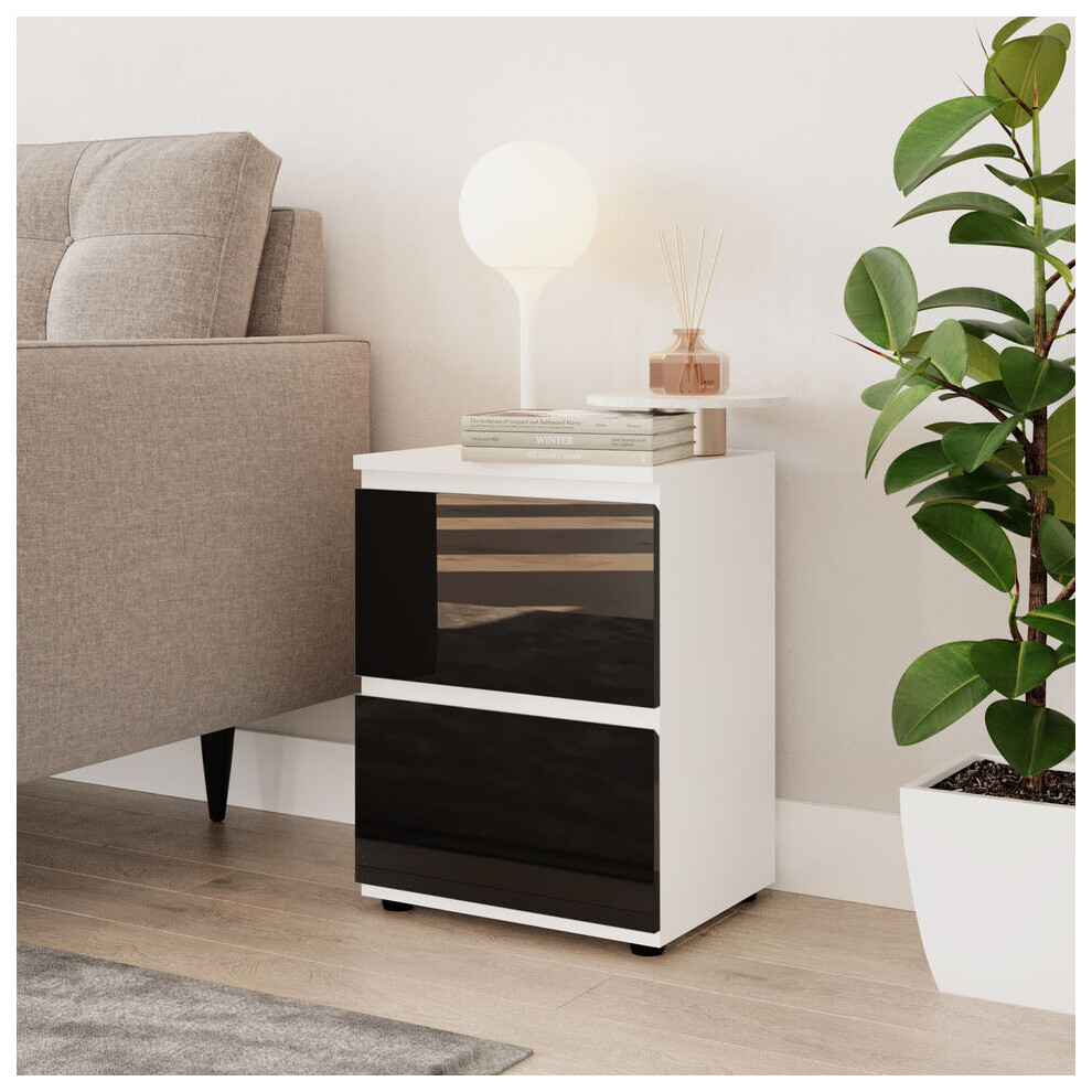 (White & Black) High Gloss 2 Drawer Skagen Wooden Bedside Cabinet No Handle Drawer Storage