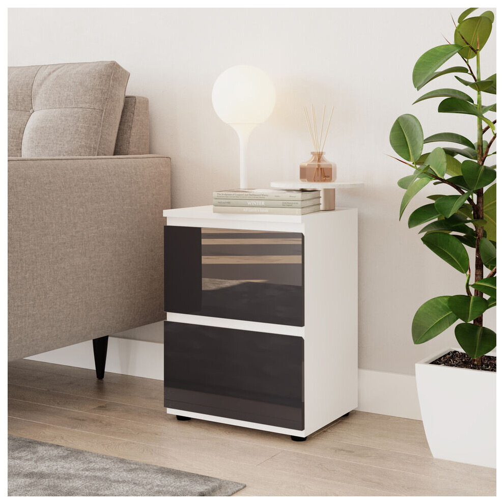 (White & Grey) High Gloss 2 Drawer Skagen Wooden Bedside Cabinet No Handle Drawer Storage