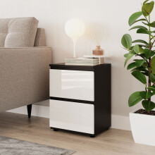 (Black & White) High Gloss 2 Drawer Skagen Wooden Bedside Cabinet No Handle Drawer Storage