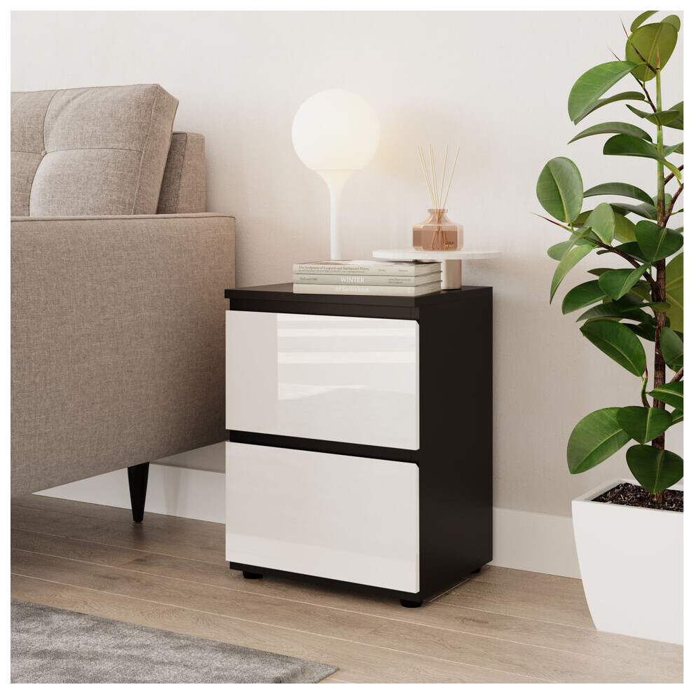 (Black & White) High Gloss 2 Drawer Skagen Wooden Bedside Cabinet No Handle Drawer Storage