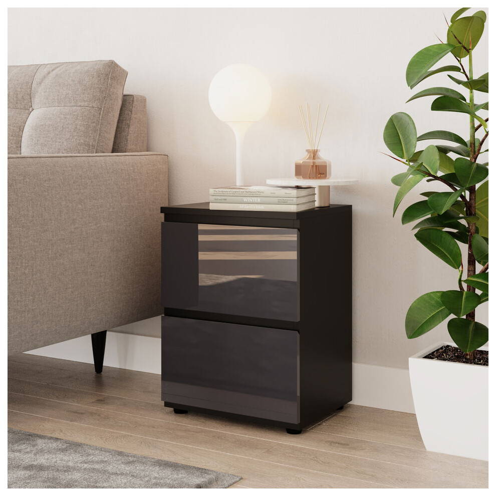 (Black & Grey) High Gloss 2 Drawer Skagen Wooden Bedside Cabinet No Handle Drawer Storage