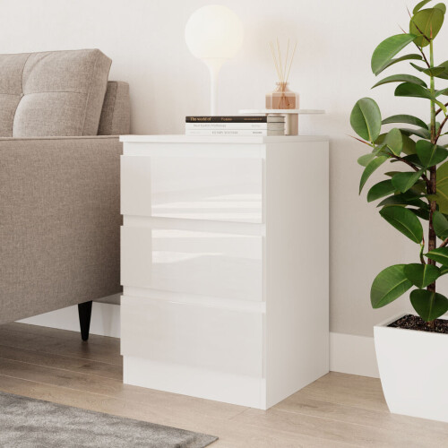 (White & White) High Gloss 3 Drawer Skagen Wooden Bedroom Chest Cabinet No Handle Drawer Storage