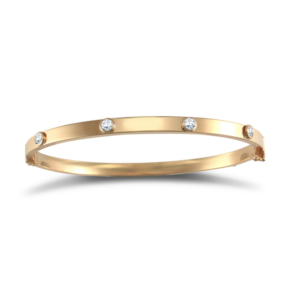 Jewelco London Ladies 9ct Yellow Gold White Round Brilliant Cubic Zirconia Hinged Square Tube Eternity Bangle Bracelet - JBG334