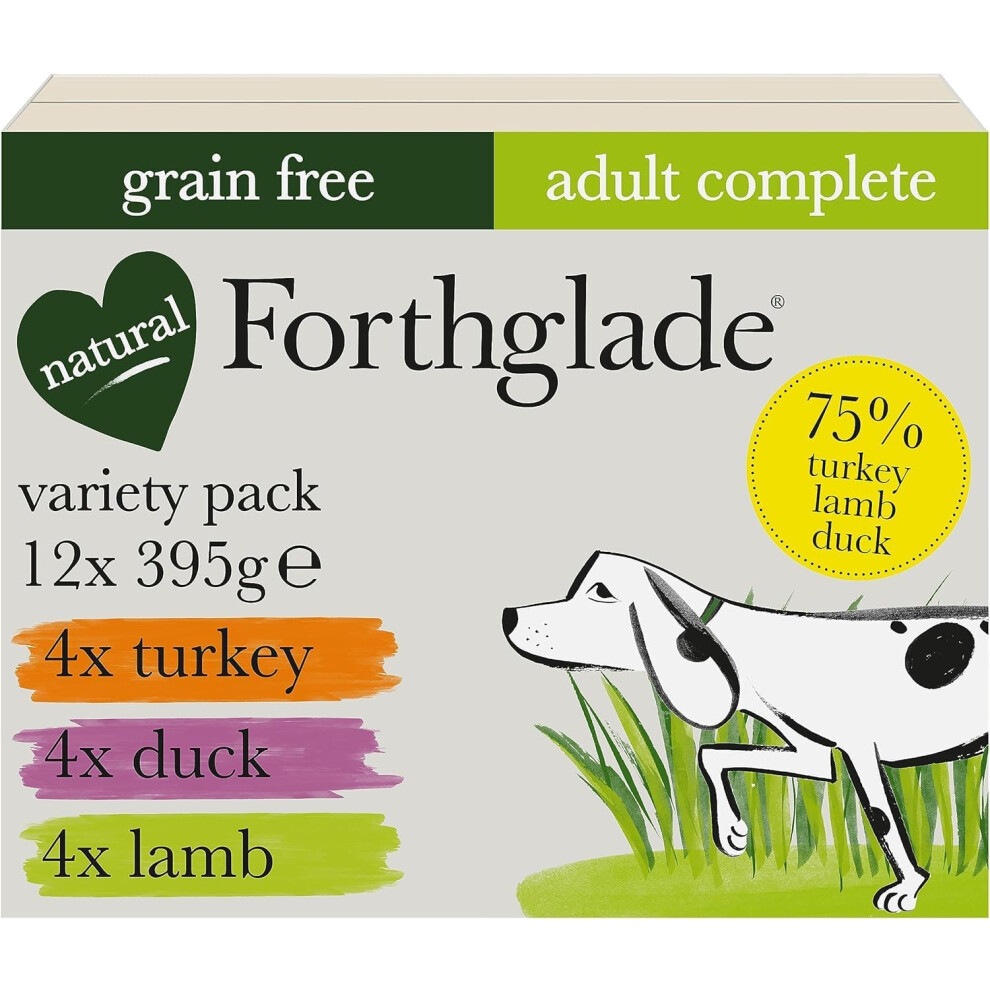 Forthglade Complete Natural Wet Dog Food Grain Free with vegetables Variety Pack (12 x 395g) Trays -Turkey, Lamb & Duck - Adult Dog Food 1 Year+