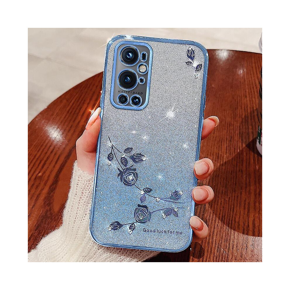 For Oneplus 9 Pro 5G Tpu Shell Gradient Cover Flower Glitter Rhinestone Mobile Phone Case- Blue 9152336114317