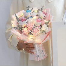 (E 4 doll 1 led 1 bag) 6 Cats Sanrio Anime Hello Kitty Bouquet Plush Stuffed Doll Kawaii Soap Flower Gift Box Rose Flower Cartoon Valentine"s Day Gifts