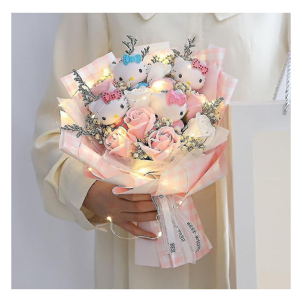 (E 4 doll 1 led 1 bag) 6 Cats Sanrio Anime Hello Kitty Bouquet Plush Stuffed Doll Kawaii Soap Flower Gift Box Rose Flower Cartoon Valentine"s Day Gift-image-OPC-PDNN2J2-NEW