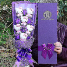 (Purple 6cat 6flower) 6 Cats Sanrio Anime Hello Kitty Bouquet Plush Stuffed Doll Kawaii Soap Flower Gift Box Rose Flower Cartoon Valentine"s Day Gifts