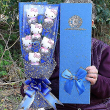 (Blue 6cat 6flower) 6 Cats Sanrio Anime Hello Kitty Bouquet Plush Stuffed Doll Kawaii Soap Flower Gift Box Rose Flower Cartoon Valentine"s Day Gifts