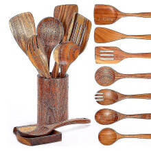 9 Pcs Wooden Spoons For Cooking, Wooden Utensils For Cooking With Utensils Holder, Teak Wooden Kitc
