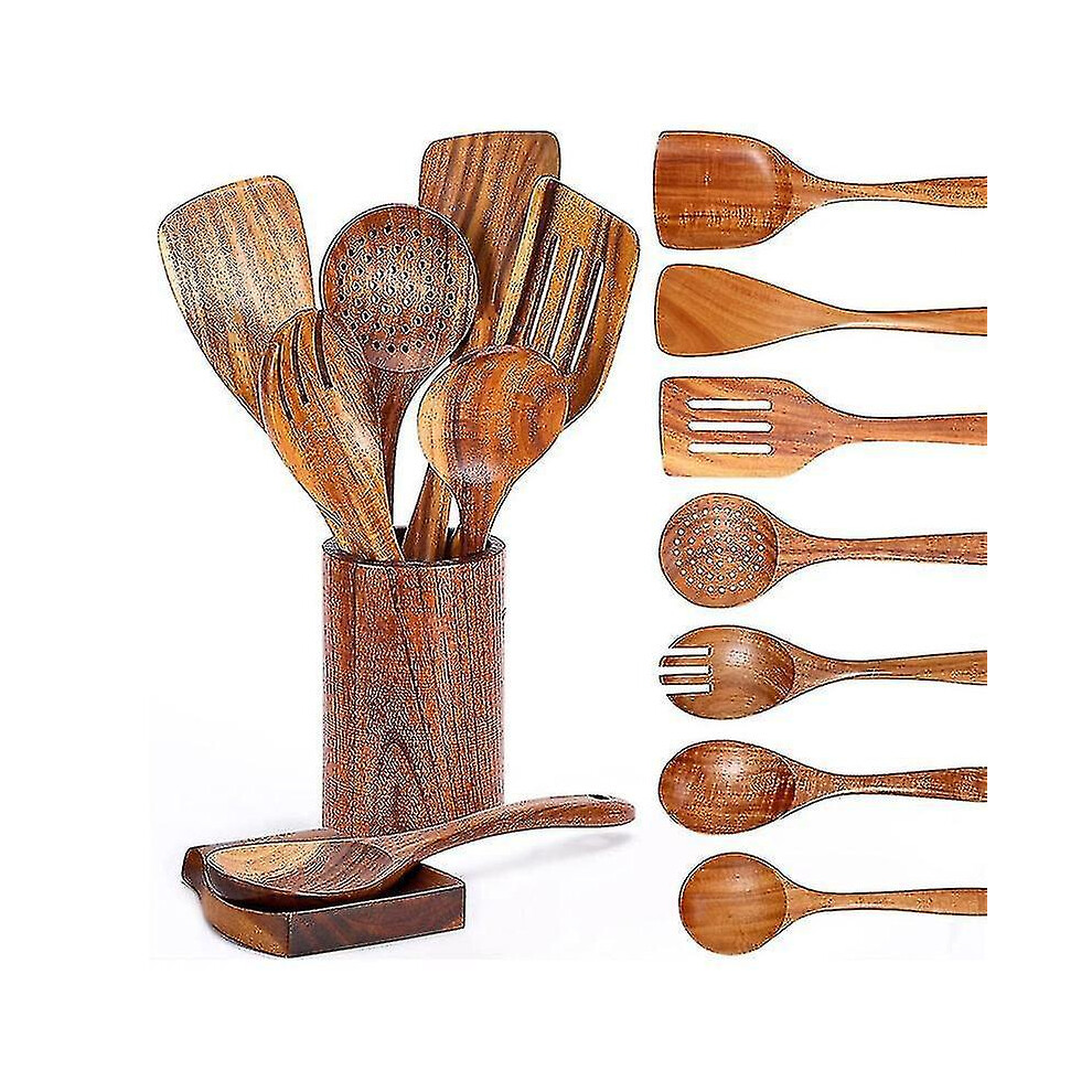 9 Pcs Wooden Spoons For Cooking, Wooden Utensils For Cooking With Utensils Holder, Teak Wooden Kitc