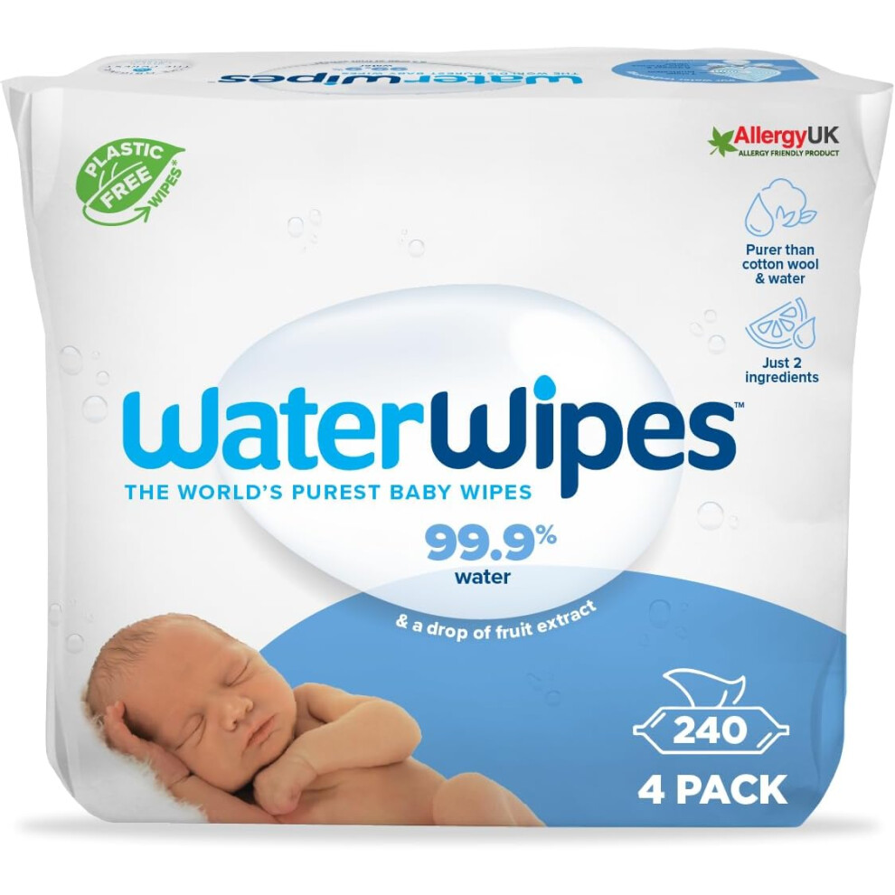 WaterWipes Plastic-Free Original Baby Wipes, 240 Count (4 packs), 99.9% Water Based Wipes, Unscented for Sensitive Skin